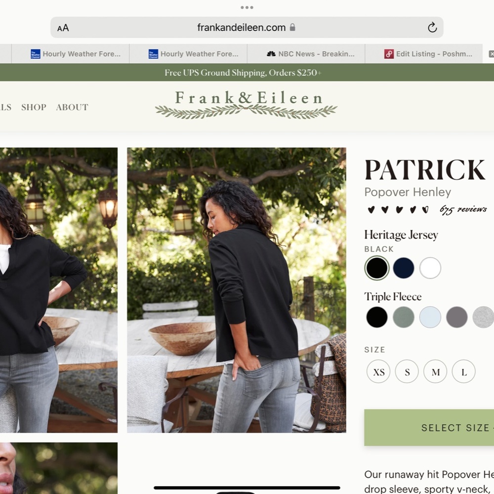 Frank and Eileen Popover Henley-Black XS NWT